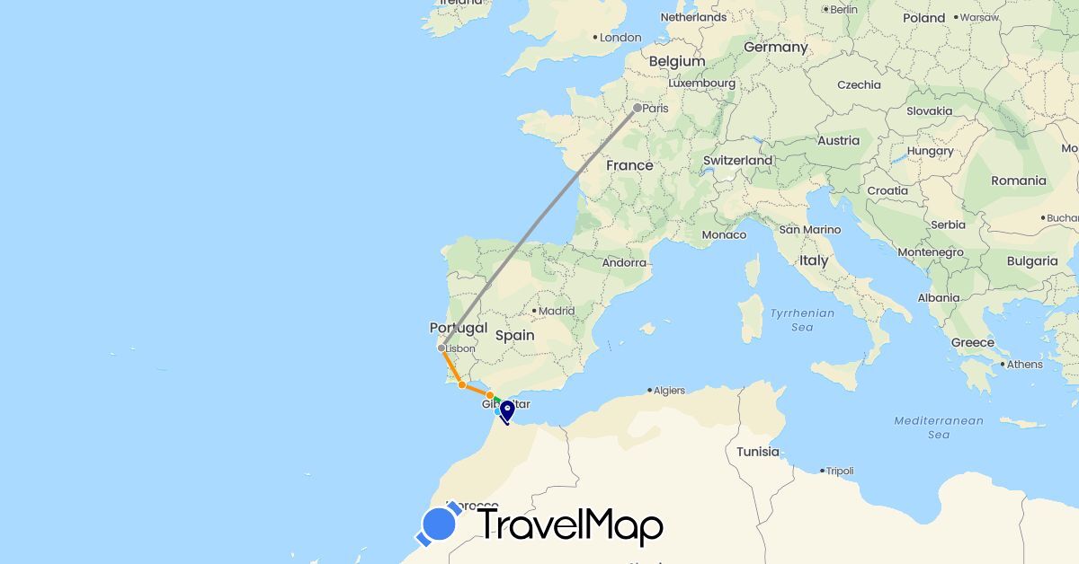 TravelMap itinerary: driving, bus, plane, boat, hitchhiking in Spain, France, Morocco, Portugal (Africa, Europe)